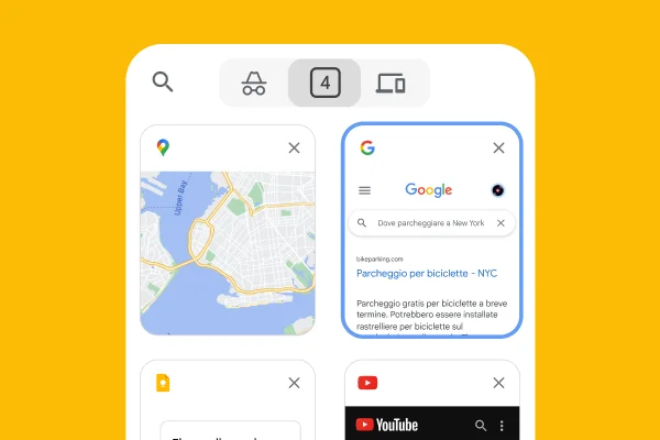Un browser mobile carica schede da un browser desktop, tra cui Google Maps.