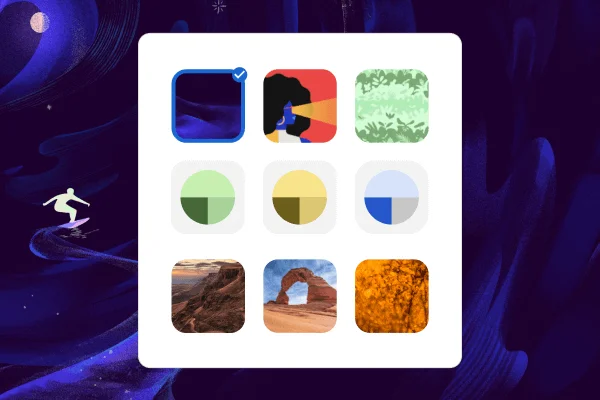 Le icone mostrano nove temi diversi. Se l'utente fa clic su un tema, l'immagine di sfondo cambia.
