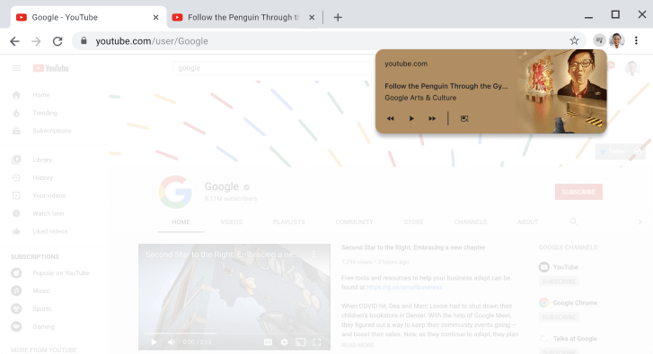 Finestra del browser Chrome con la finestra di dialogo dei controlli multimediali visualizzata.