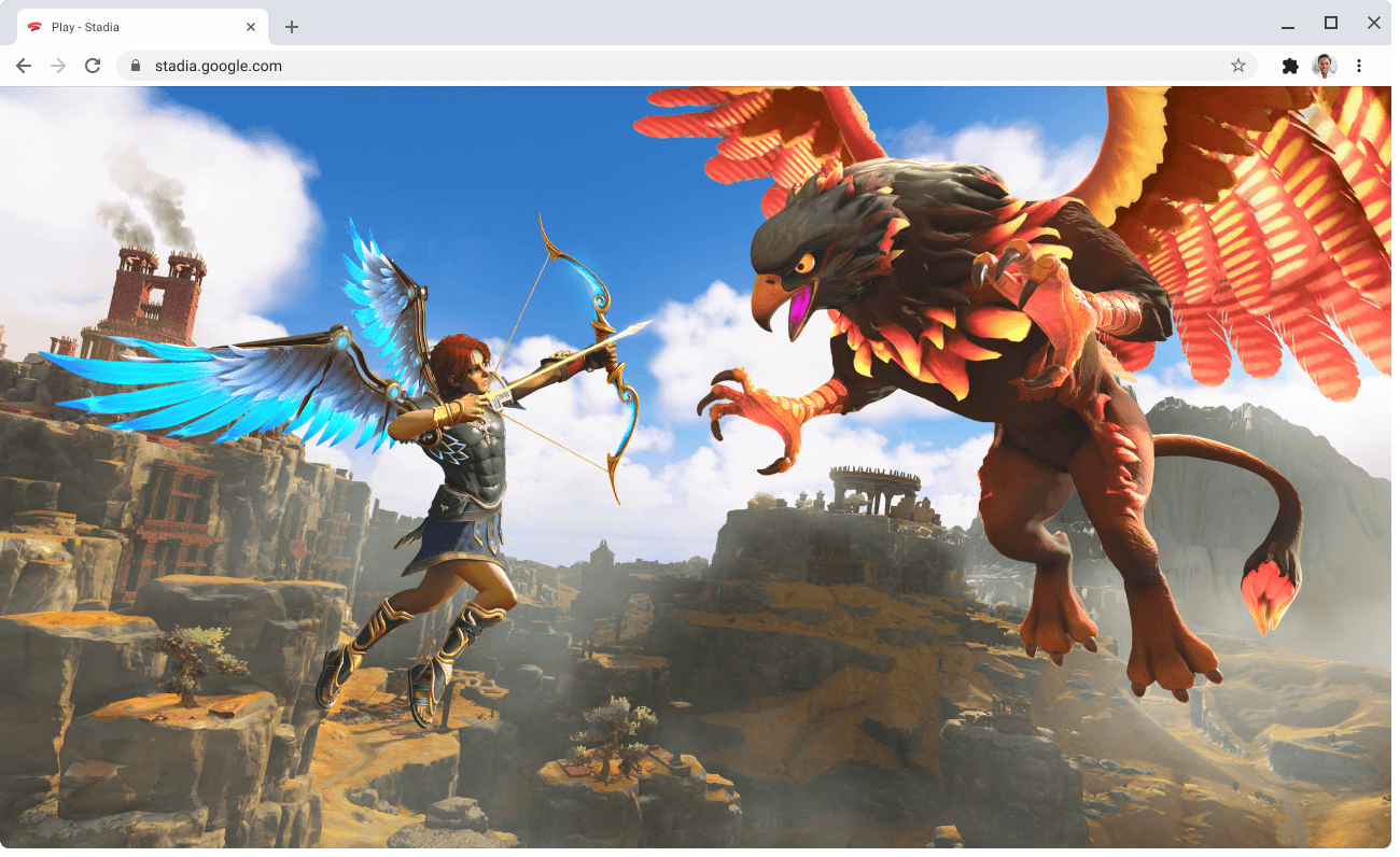 Immagine di una pagina web stadia.google.com con un gioco in corso.