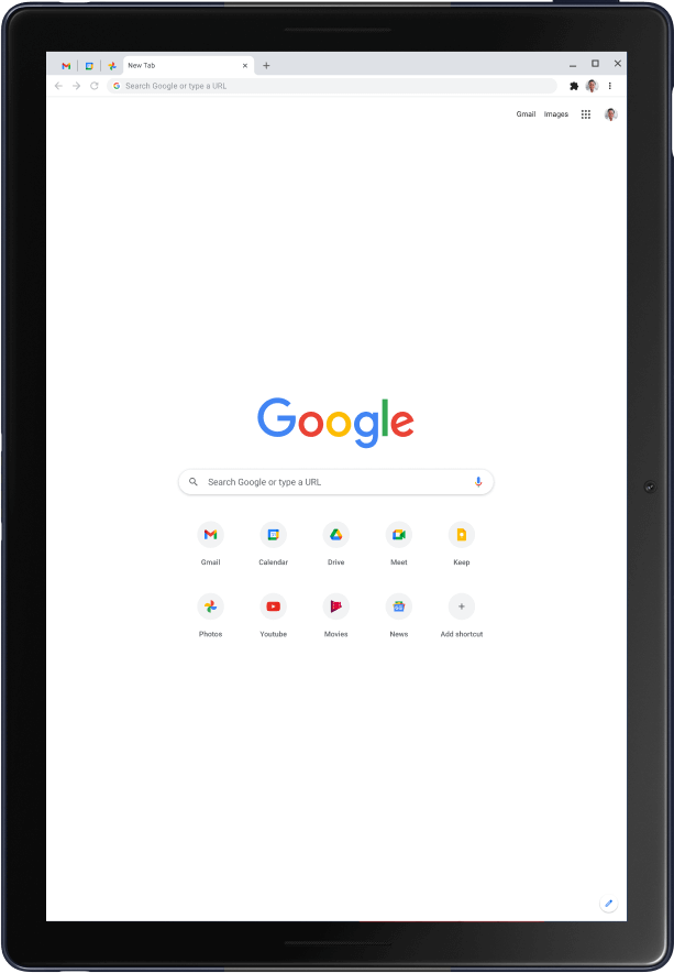Tablet Pixel Slate in modalità Ritratto che mostra la Home page di Google.