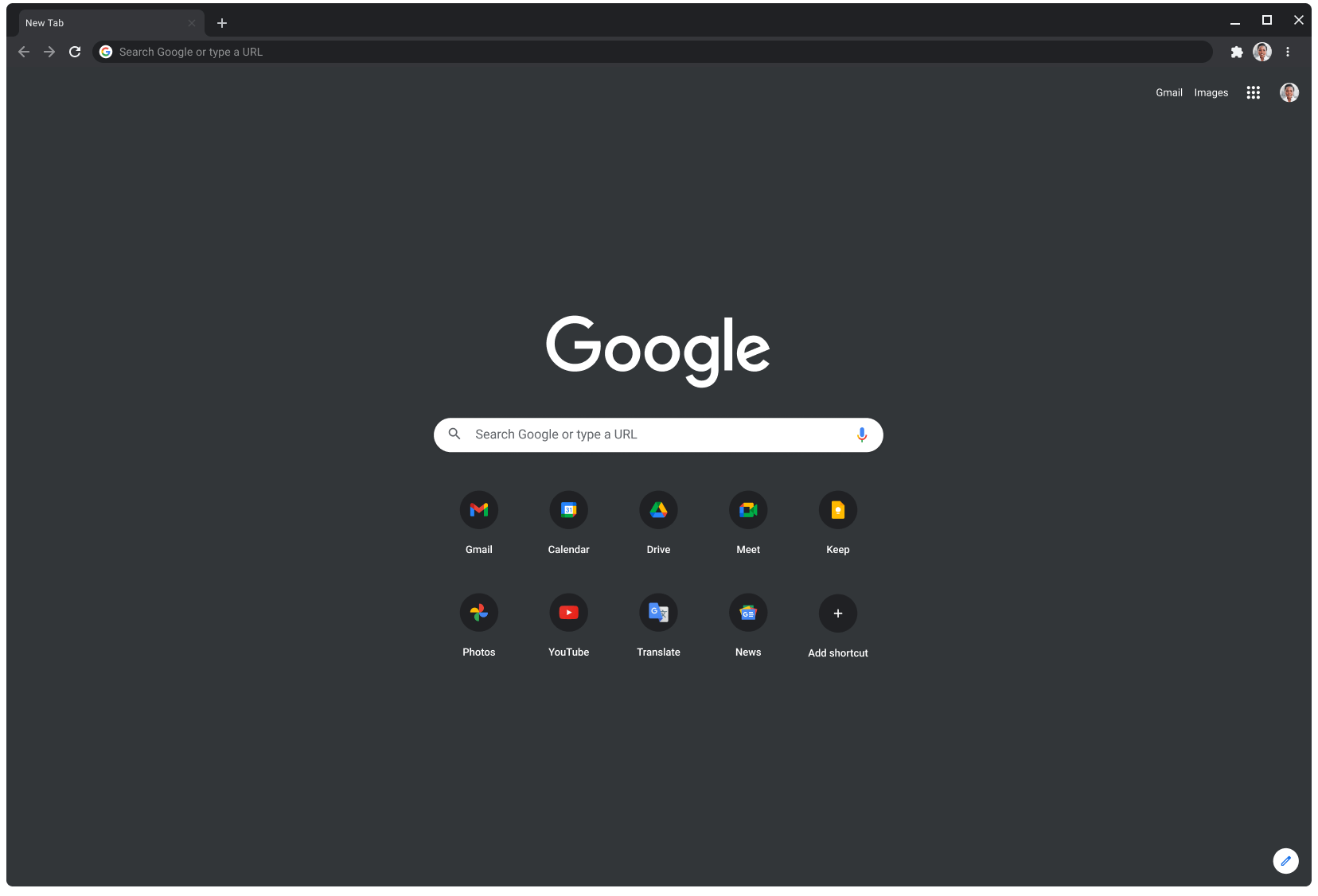 Finestra del browser Chrome in modalità Buio con l'indirizzo Google.com visualizzato.