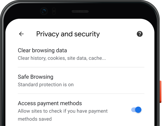 Pagina delle impostazioni Privacy e sicurezza del browser Chrome su un dispositivo mobile.