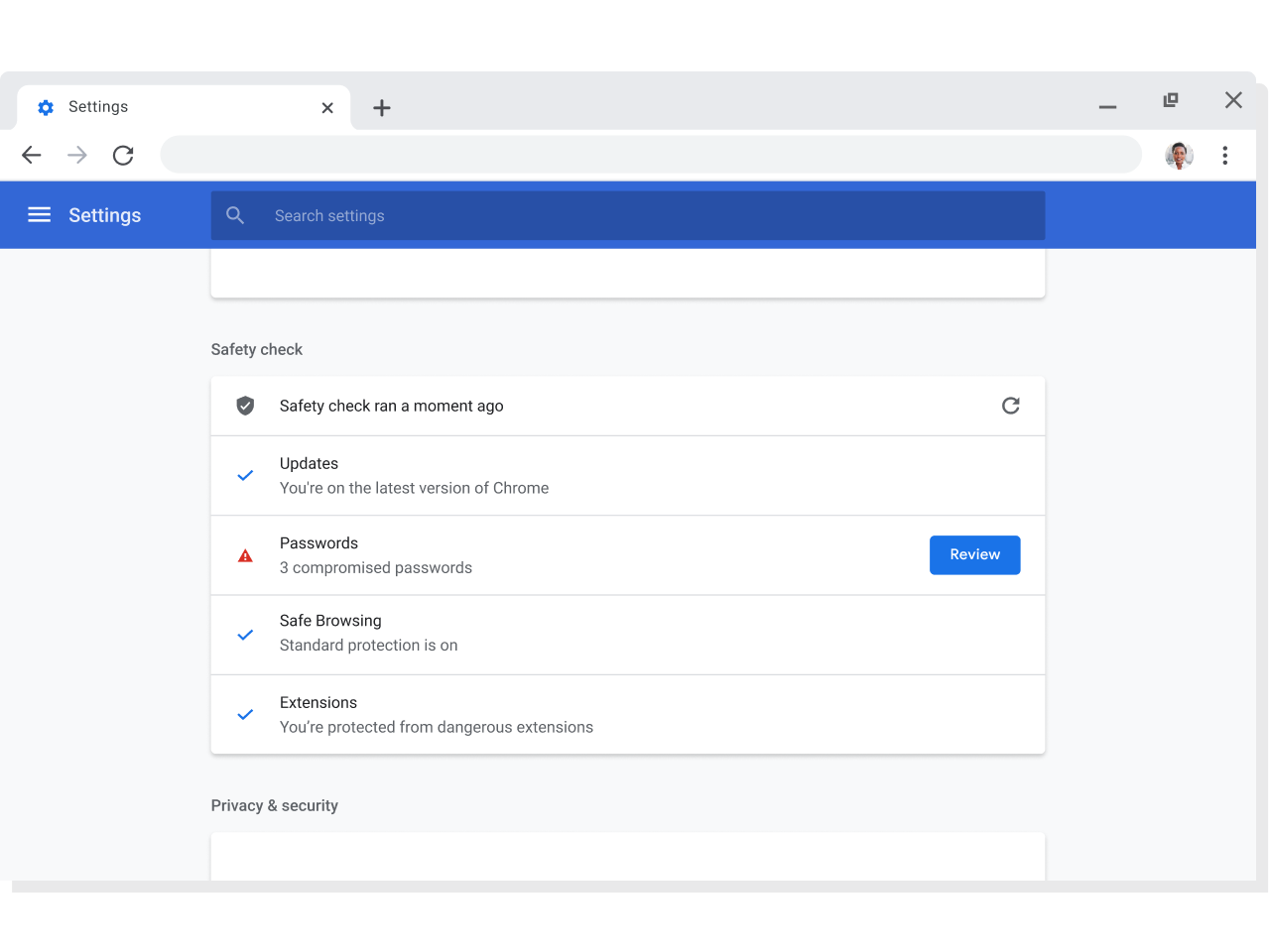 Finestra del browser Chrome con le impostazioni account e sincronizzazione per l'Account Google visualizzate, con l'opzione di sincronizzazione attivata.