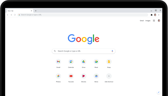 Angolo superiore sinistro di un laptop Pixelbook Go con la barra di ricerca di Google.com e le app preferite visualizzate sullo schermo.