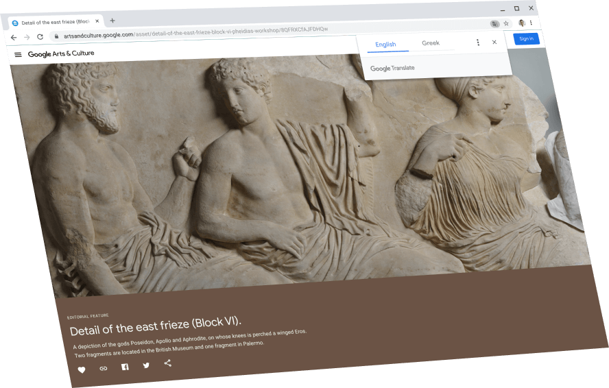 Immagine di una pagina di Google Arts & Culture con una finestra di dialogo di Google Traduttore che mostra la traduzione in inglese.