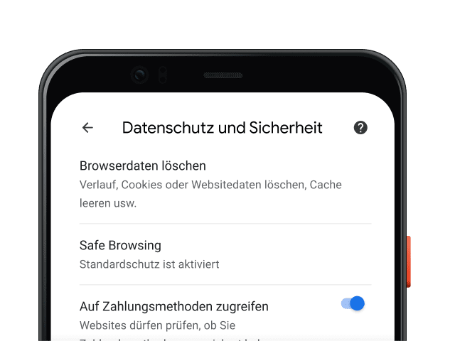 Einstellungen für Datenschutz und Sicherheit in Chrome auf einem Mobilgerät