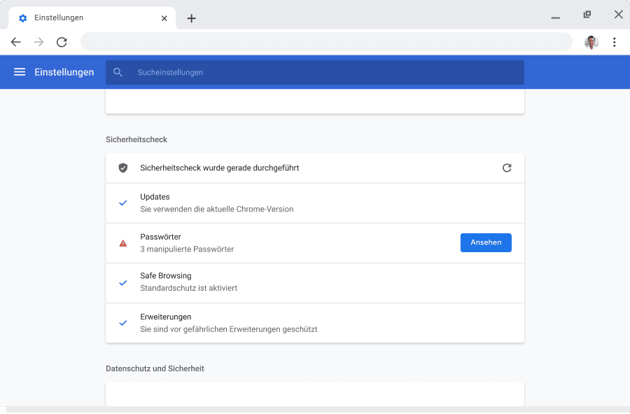 Chrome-Browserfenster mit Konto- und Synchronisierungseinstellungen für Google-Konten und mit aktivierter Synchronisierung.