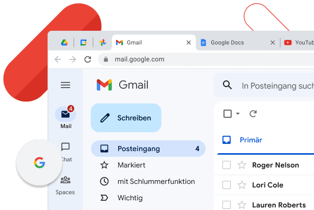 Chrome-Fenster, in dem der Gmail-Posteingang neben den Browsertabs von YouTube und Google Docs angezeigt wird.
