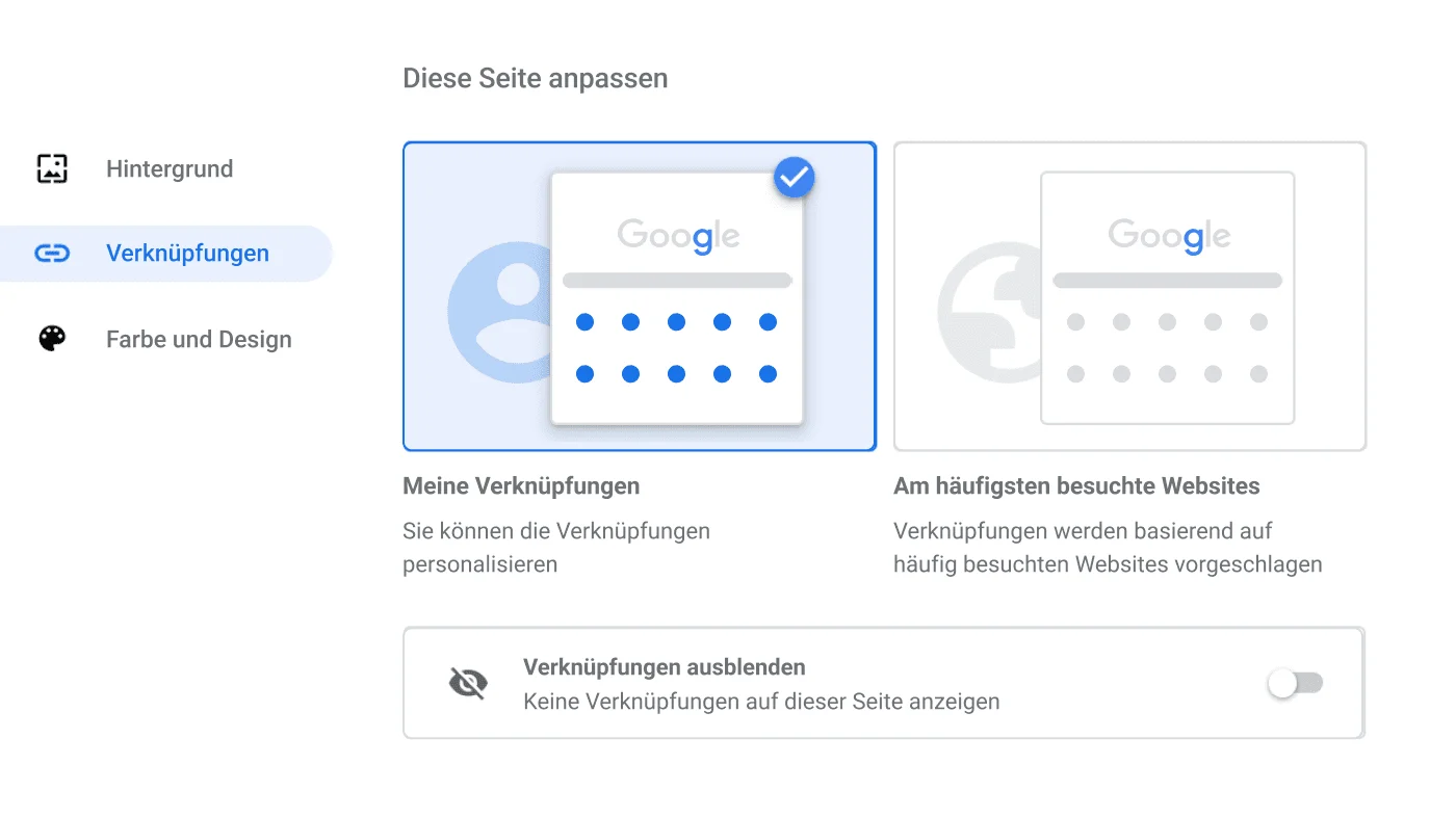 Das Chrome-Einstellungsfenster zeigt das kleine Fenster „Verknüpfungen“.