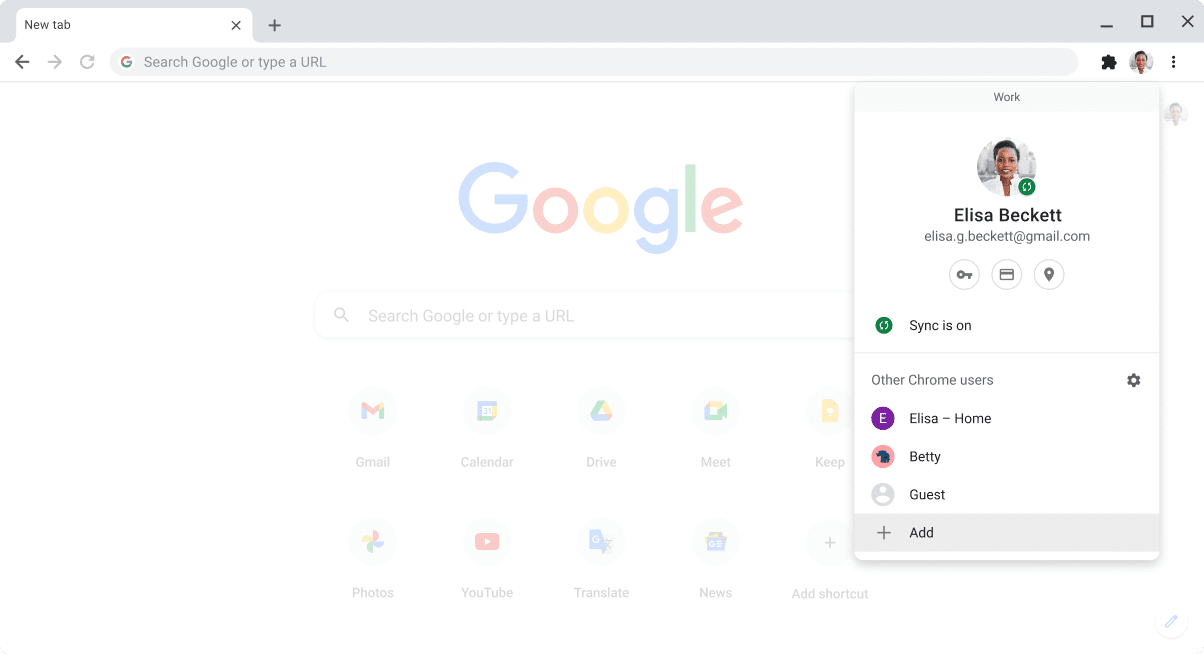 Chrome browser displaying the profile switcher dialogue box.