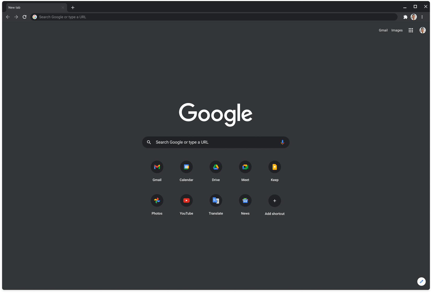 Chrome browser window in dark mode, displaying Google.com.