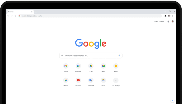 Top-left corner of a Pixelbook Go laptop with screen displaying Google.com search bar and favourite apps.