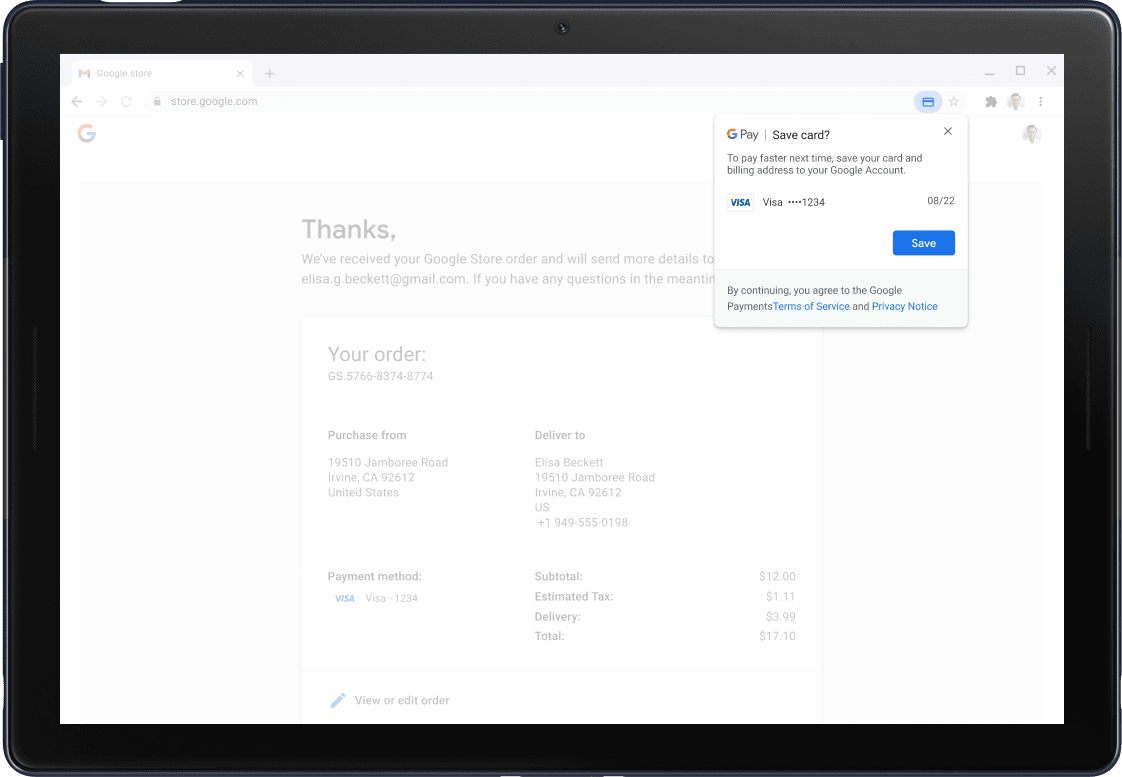 Google Pay confirmation screen shown on a Pixel Slate tablet.