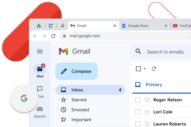 Chrome's window displays Gmail inbox next to the browser tabs of YouTube and Google Docs.
