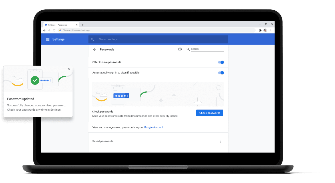 Password check Pixelbook Go laptop with screen displaying Chrome password check with a passsword update dialog box.