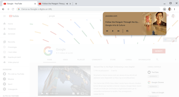 Finestra del browser Chrome con la finestra di dialogo dei controlli multimediali visualizzata.