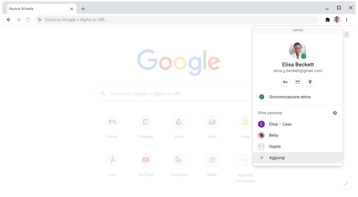 Browser Chrome che mostra la finestra di dialogo per cambiare profilo.