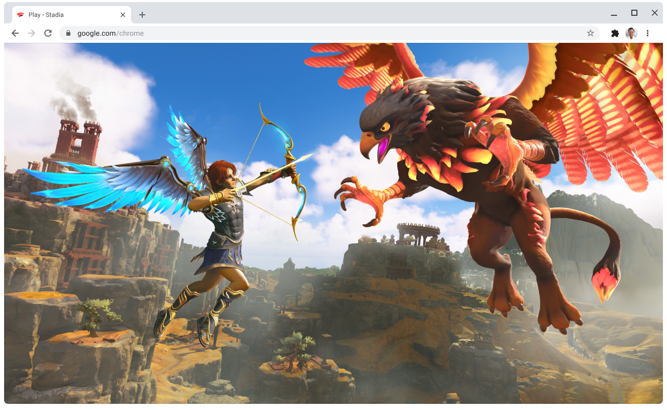 Immagine di una pagina web stadia.google.com con un gioco in corso.