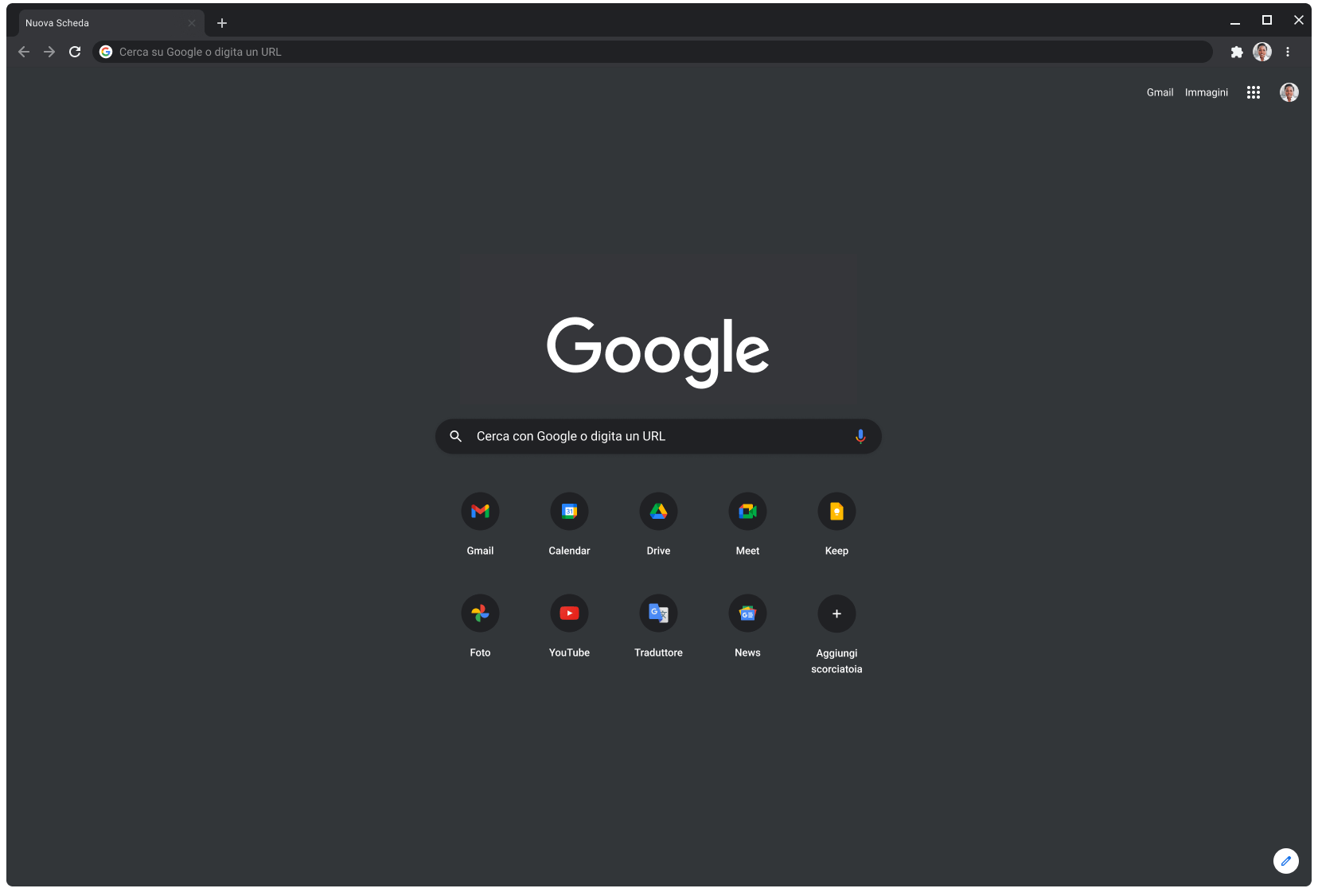 Finestra del browser Chrome in modalità Buio con l'indirizzo Google.com visualizzato.