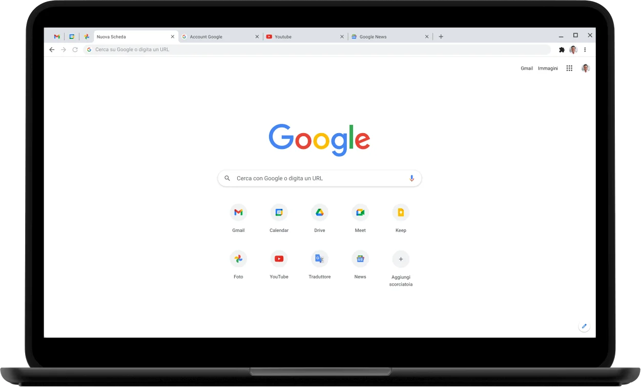 Angolo superiore sinistro di un laptop Pixelbook Go con l'indirizzo Google.com visualizzato sullo schermo.