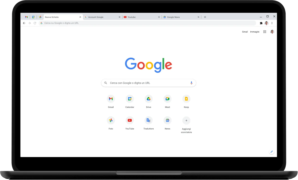 Laptop Pixelbook Go con l'indirizzo Google.com visualizzato sullo schermo.