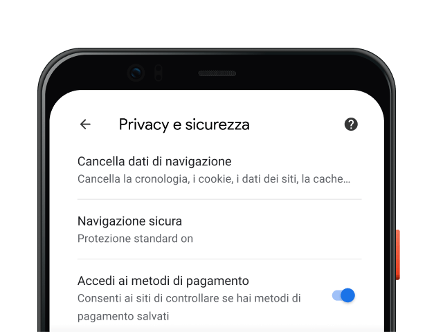 Pagina delle impostazioni Privacy e sicurezza del browser Chrome su un dispositivo mobile.