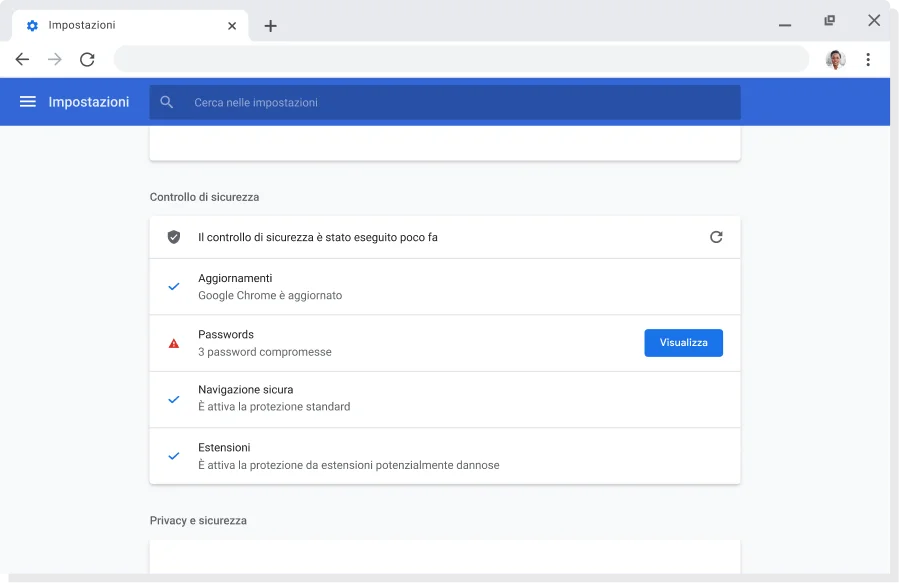 Finestra del browser Chrome con le impostazioni account e sincronizzazione per l'Account Google visualizzate, con l'opzione di sincronizzazione attivata.