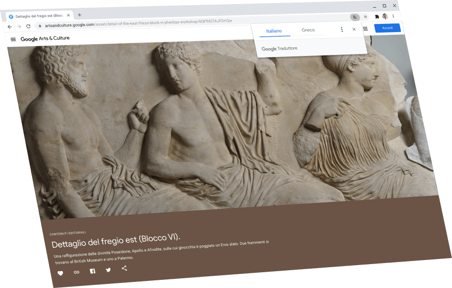 Immagine di una pagina di Google Arts & Culture con una finestra di dialogo di Google Traduttore che mostra la traduzione in inglese.