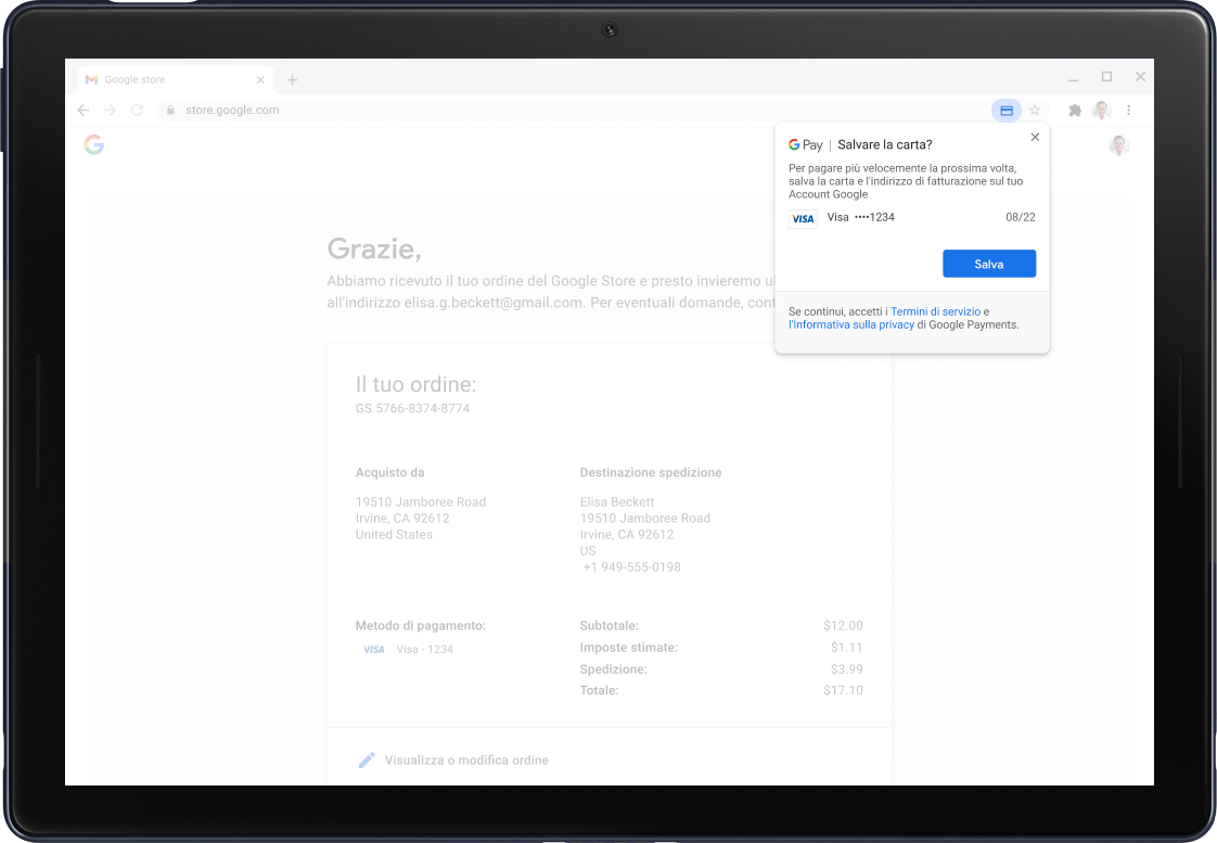 Google Pay confirmation screen shown on a Pixel Slate Tablet.