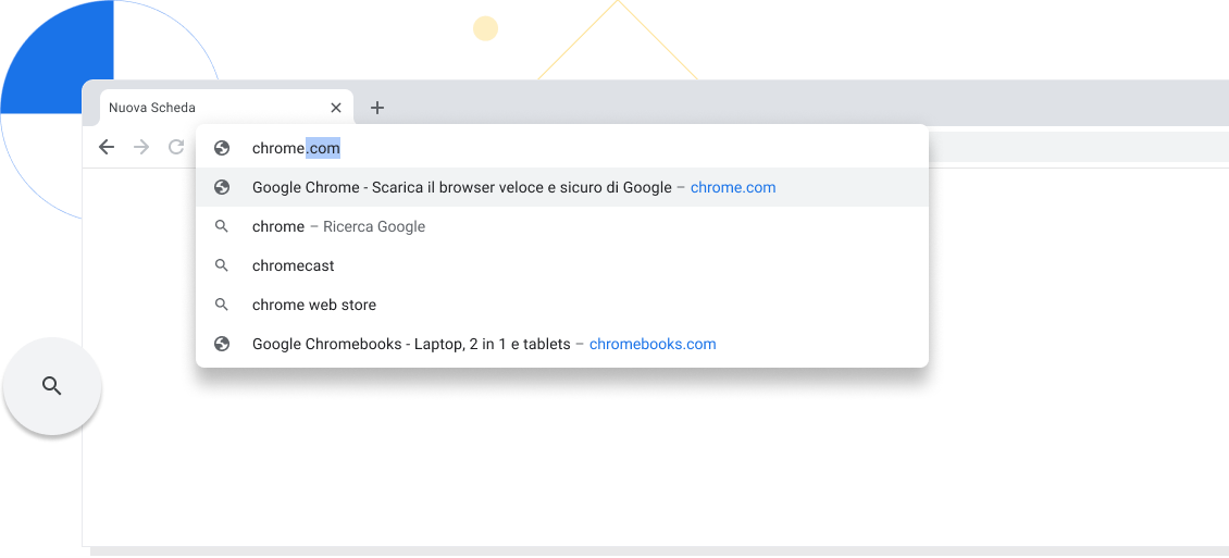 Inquadratura ingrandita in una nuova scheda in una finestra del browser Chrome nella cui barra degli indirizzi è stato digitato chrome.com.