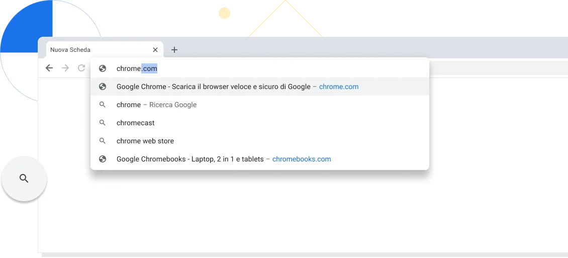 Inquadratura ingrandita in una nuova scheda in una finestra del browser Chrome nella cui barra degli indirizzi è stato digitato chrome.com.