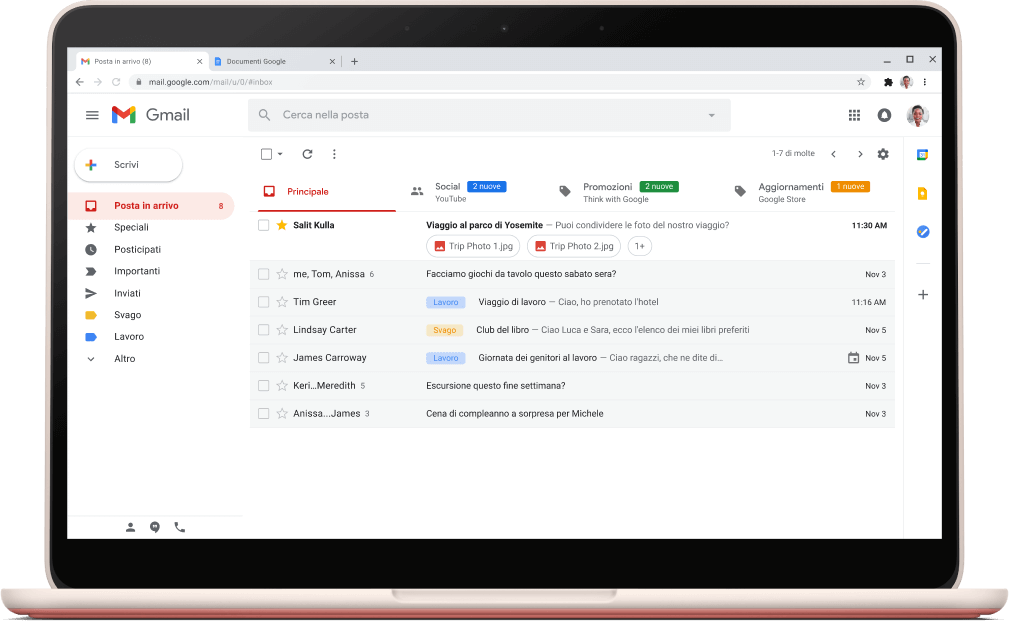 Schermata con l'interfaccia di Gmail e l'elenco di email.