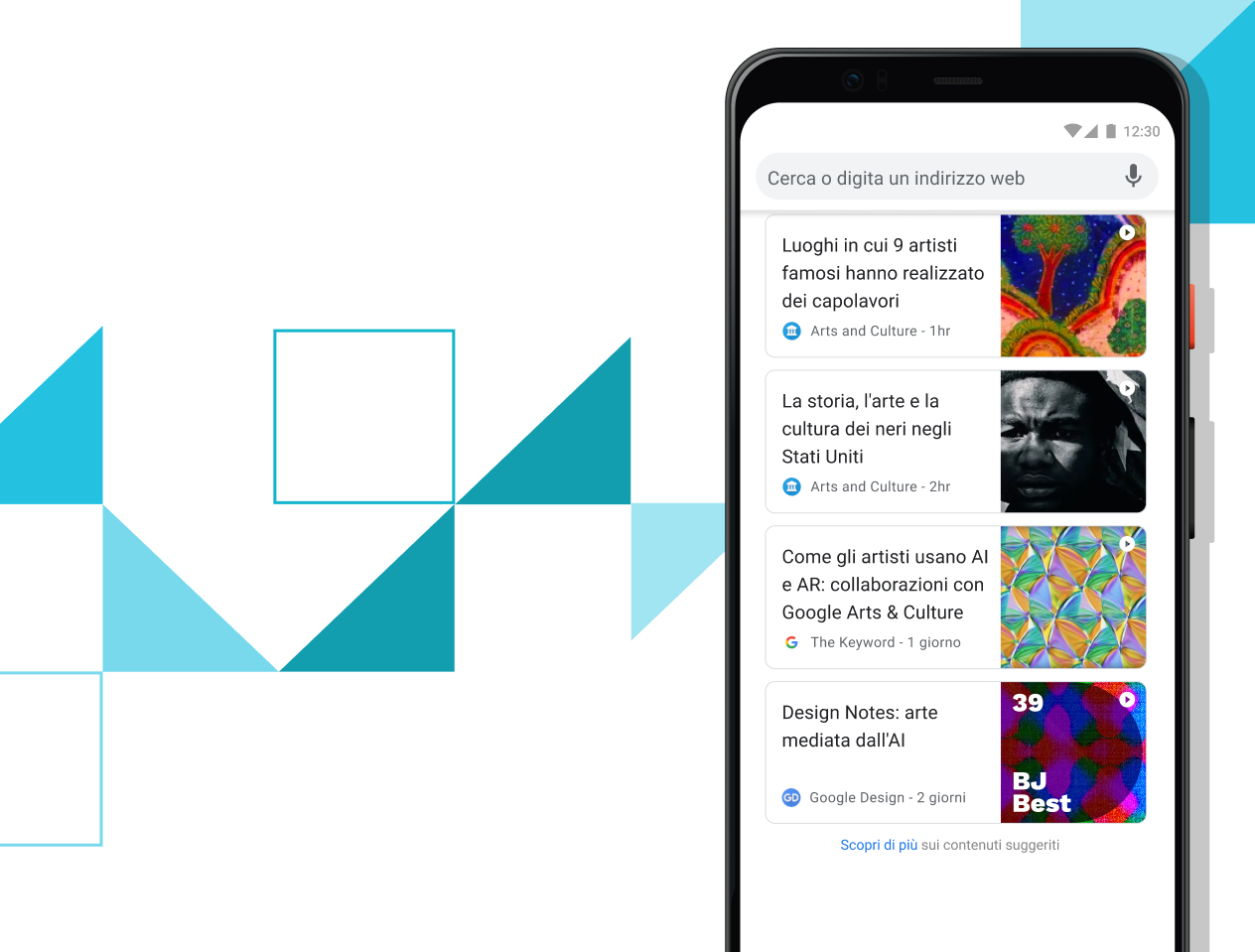 Articoli per te Telefono Pixel 4 XL con i link agli articoli selezionati per l'utente visualizzati sullo schermo.