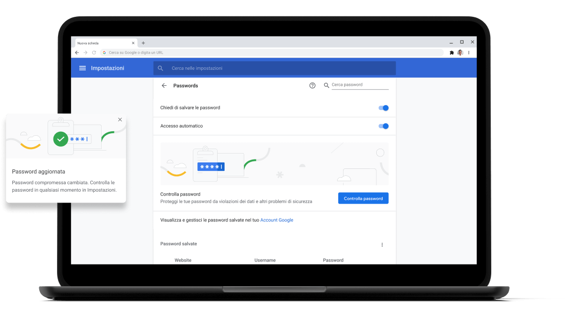 Controllo delle password Pixelbook Go laptop with screen displaying Chrome password check with a passsword update dialog box.