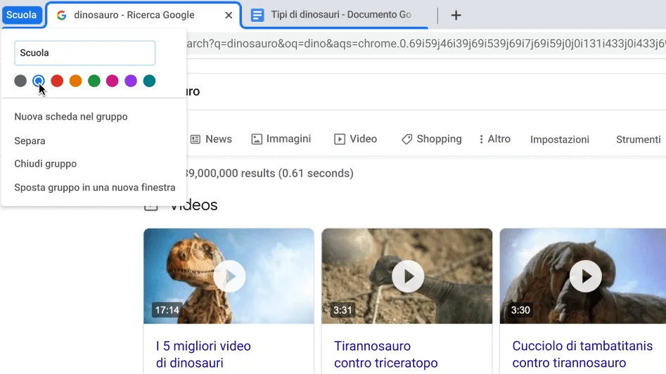 Finestra del browser Chrome con una finestra di dialogo in cui viene mostrato come assegnare un nome a un gruppo di schede.