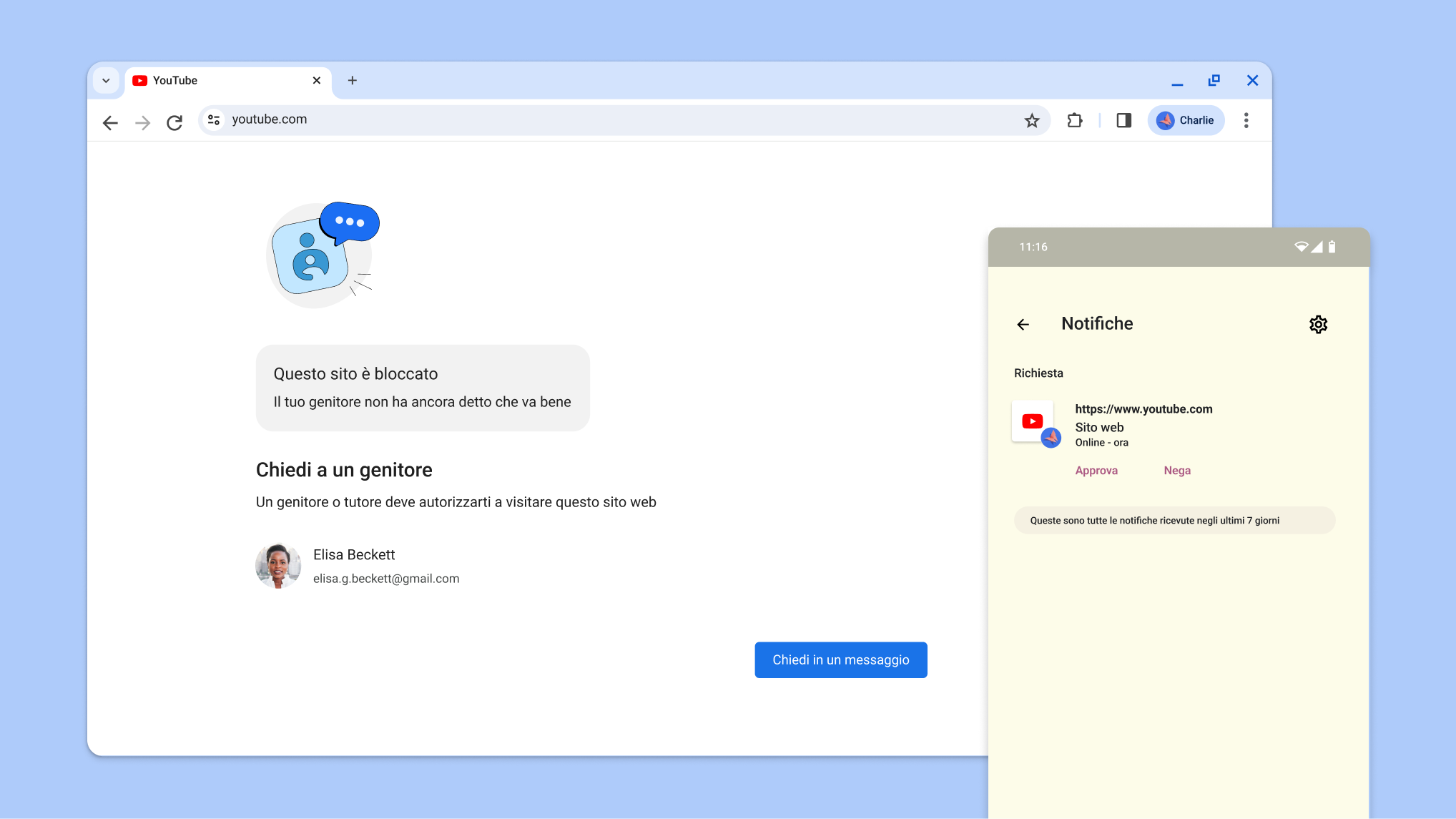Sito web bloccato dal Controllo genitori e una notifica da Family Link per approvare l'accesso