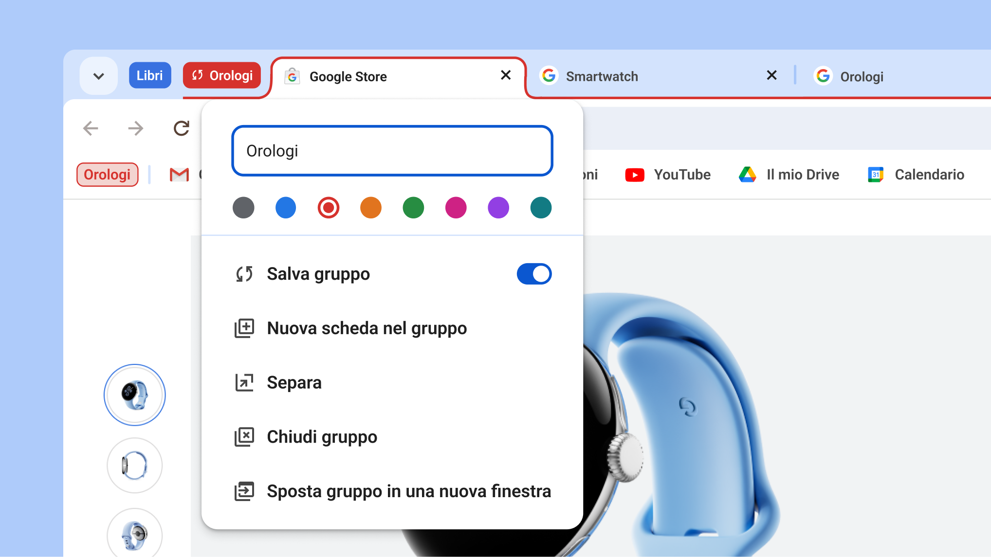 Il menu del gruppo di schede si apre mostrando il nuovo salvataggio e nasconde le opzioni del gruppo