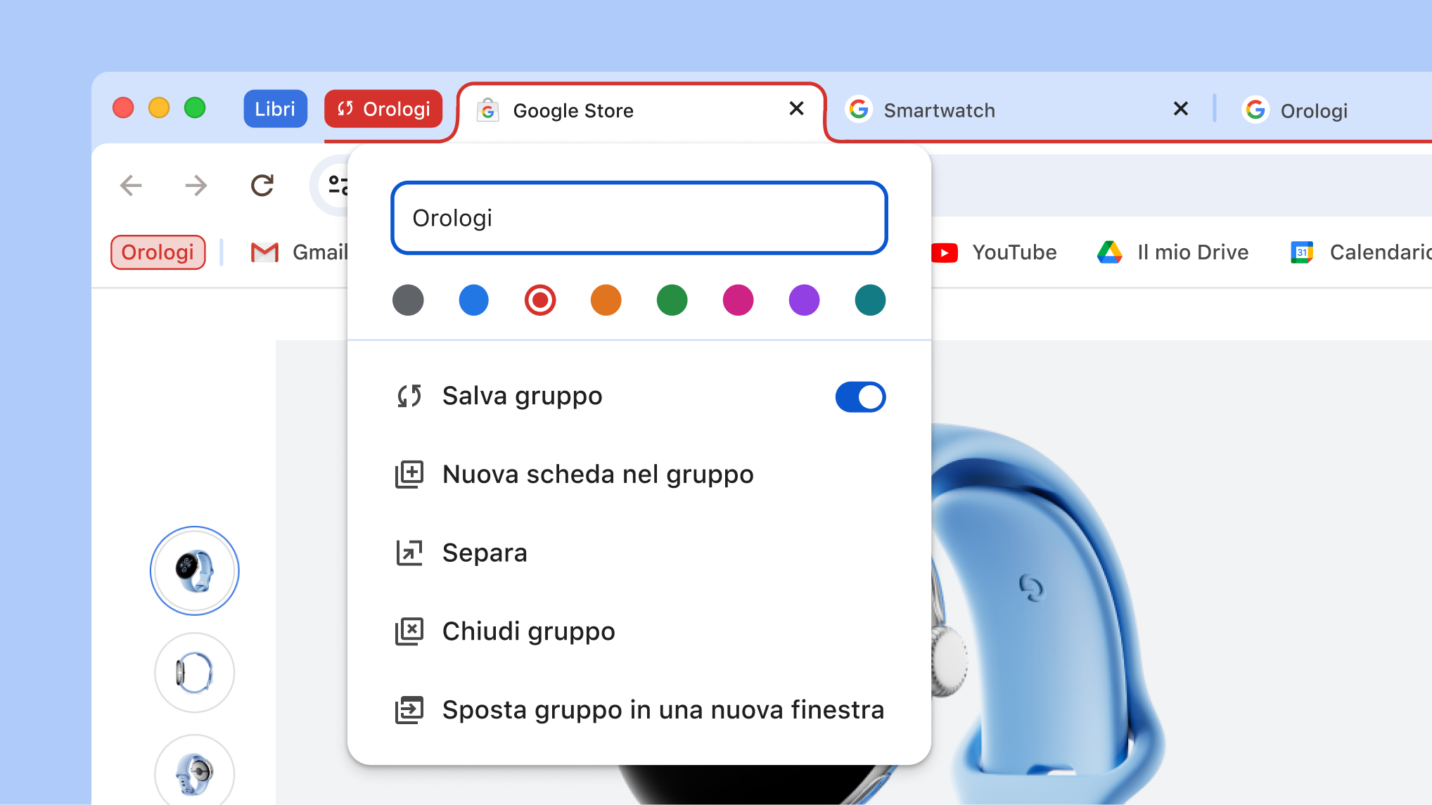Il menu del gruppo di schede si apre mostrando il nuovo salvataggio e nasconde le opzioni del gruppo
