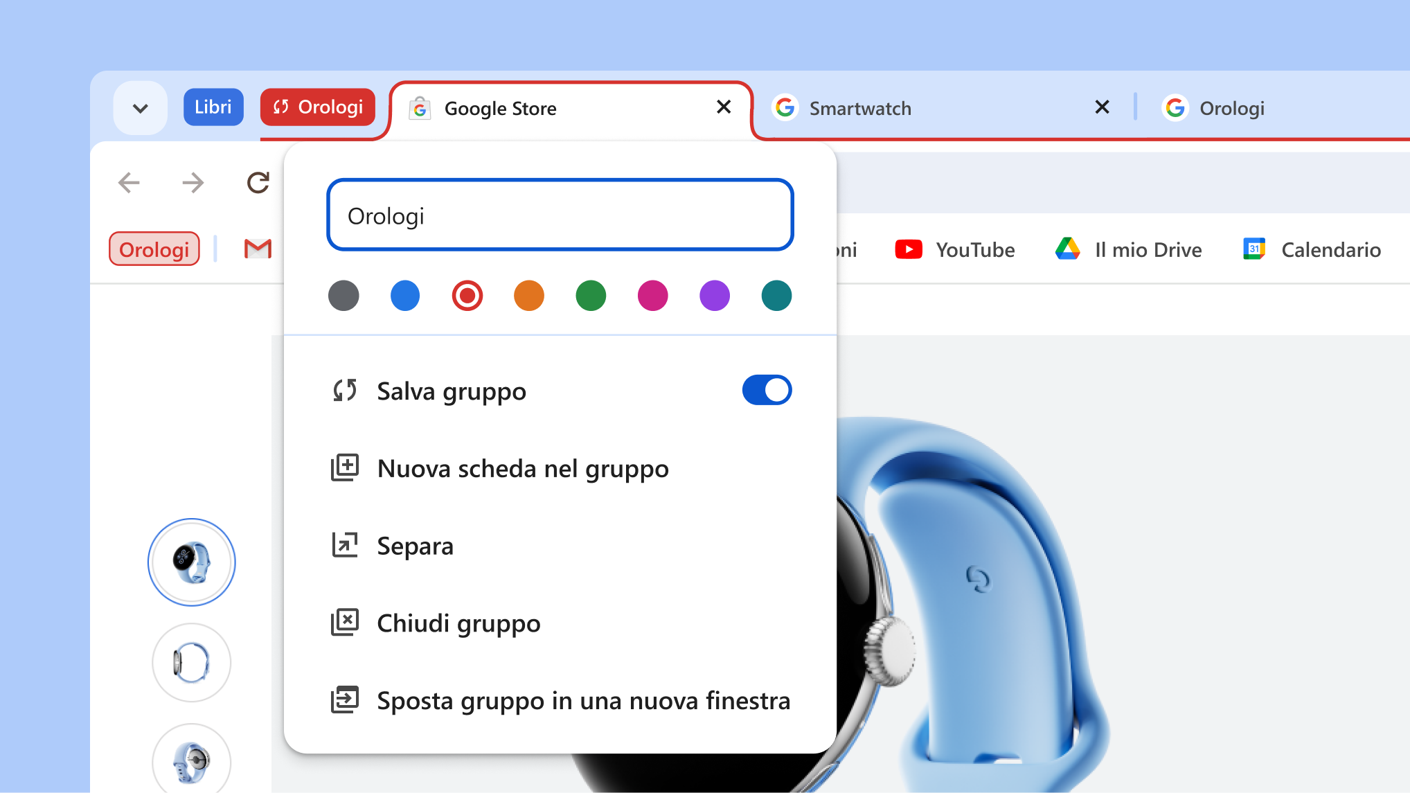 Il menu del gruppo di schede si apre mostrando il nuovo salvataggio e nasconde le opzioni del gruppo