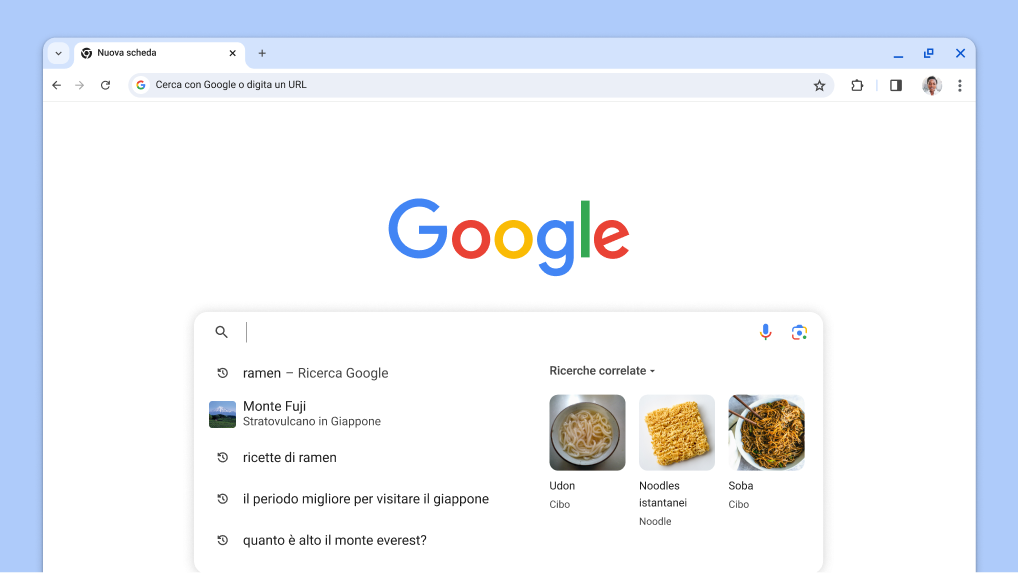 Il cursore viene mostrato nella casella di ricerca con ricerche precedenti e argomenti correlati automaticamente caricati.