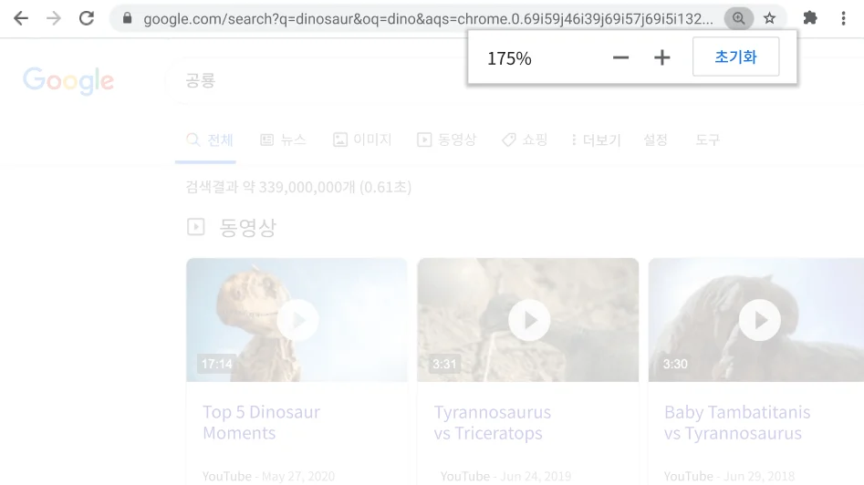 Chrome 브라우저 창에 웹페이지가 열려 있고 확대/축소 기능이 켜져 있습니다.