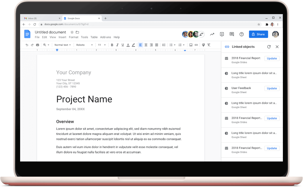 Schermata di Documenti Google che mostra il modello di un progetto aperto.