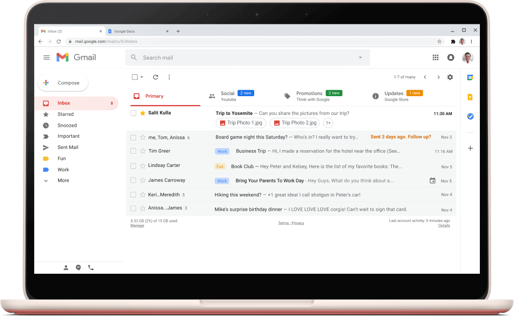 Schermata con l'interfaccia di Gmail e l'elenco di email.