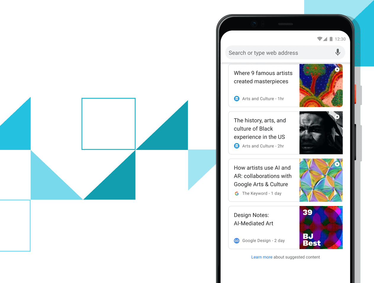 Articoli per te Telefono Pixel 4 XL con i link agli articoli selezionati per l'utente visualizzati sullo schermo.
