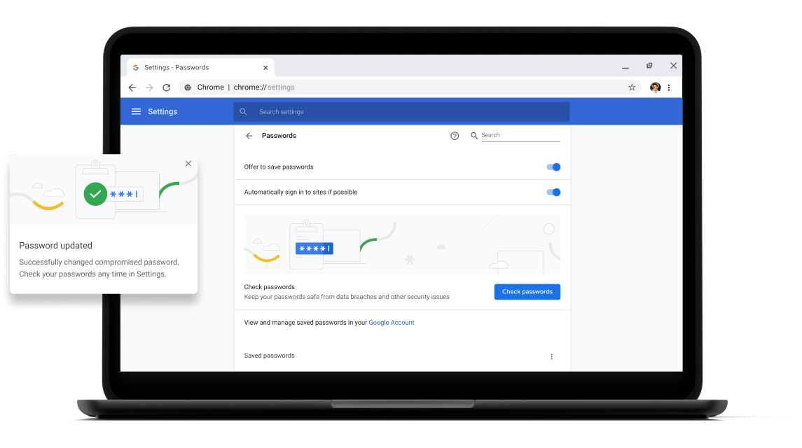 Controllo delle password Pixelbook Go laptop with screen displaying Chrome password check with a passsword update dialog box.