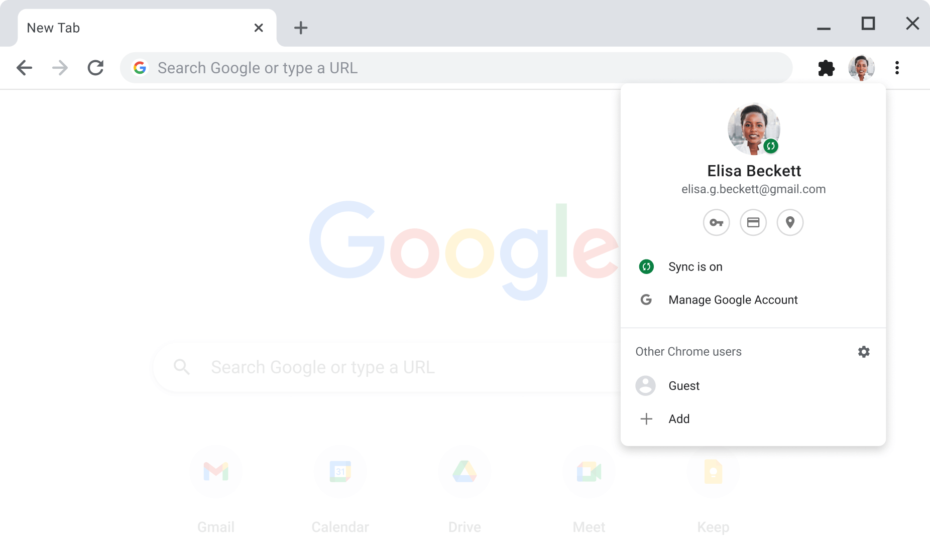 Finestra del browser Chrome con le impostazioni account e sincronizzazione per l'Account Google visualizzate, con l'opzione di sincronizzazione attivata.
