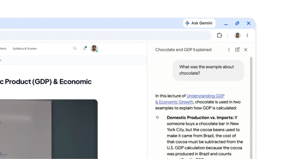 Mentre guarda un video didattico, un utente chiede a Gemini in Chrome un esempio tratto dal video e i relativi timestamp in cui viene menzionato