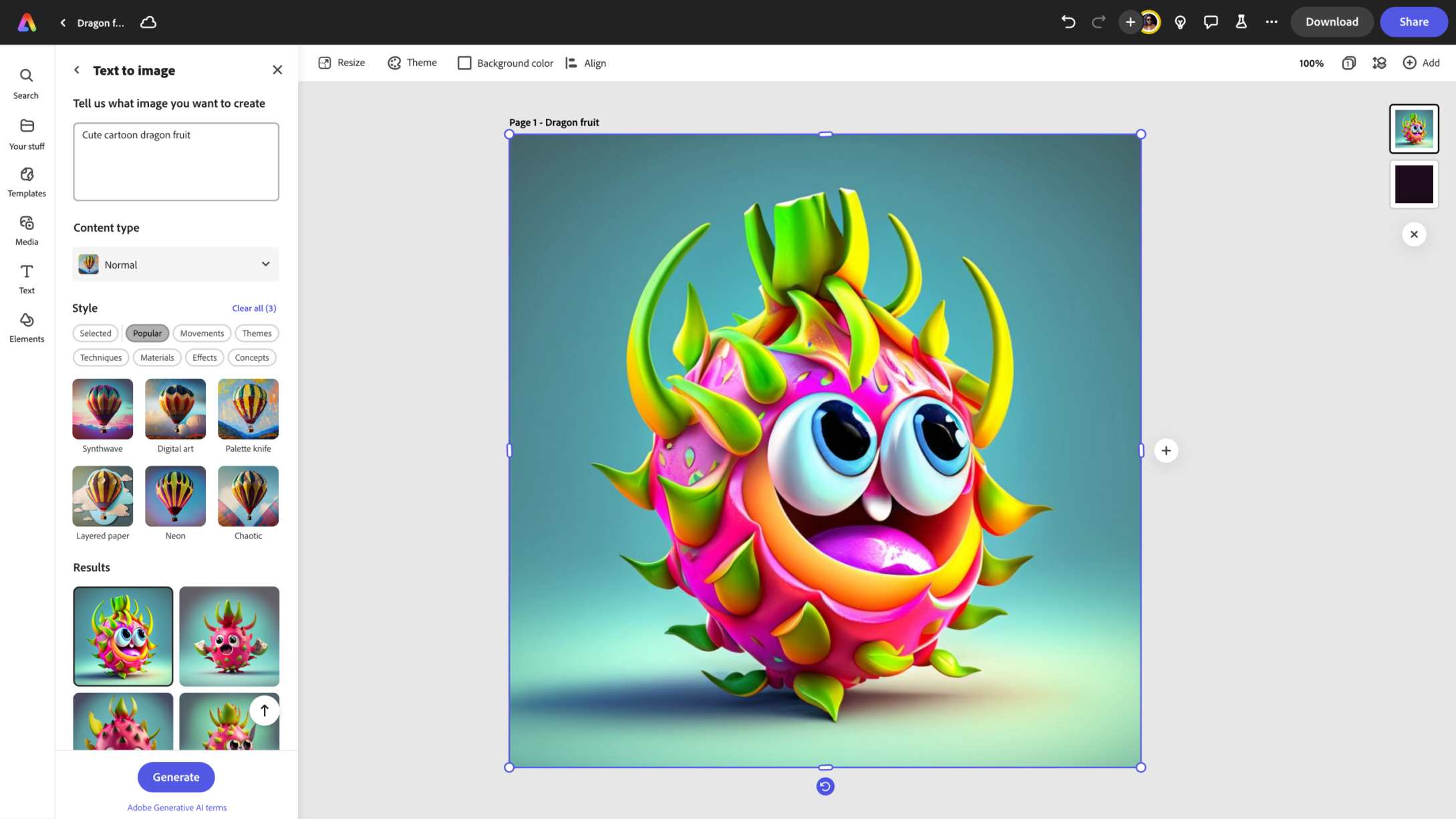 The Adobe Express web app is on the screen of a Chromebook device. The web app shows the 'Text to image' feature, with the following prompt inside the text box: "Cute cartoon dragon fruit" and the generated image beside it.