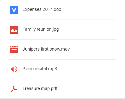 Elenco dei tipi di file di Google Drive tra cui immagini, documenti e musica